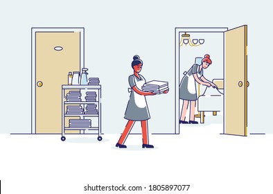 Hotel Room Service Team Cleaning Room: Female Maids Bringing New Towels And Making Bed. Professional Housekeeping Staff In Uniform Working. Linear Vector Illustration