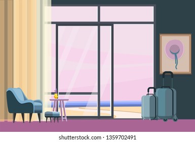 Hotel room. Summer poster, suitcases by the sea, the beginning of the journey, summer. Poster for your business