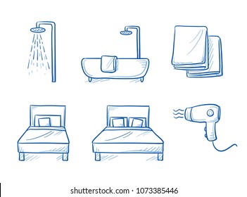 Hotel room type icon set, for singe or double room, with bed, shower or bath tub, towls and hair dryer. Hand drawn line art cartoon vector illustration.