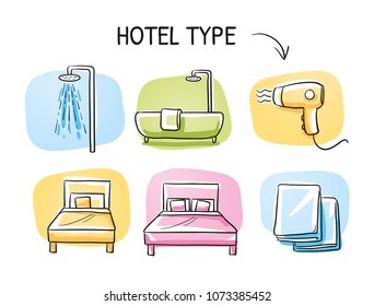 Hotel Room Type Icon Set, For Singe Or Double Room, With Bed, Shower Or Bath Tub, Towls And Hair Dryer. Hand Drawn Cartoon Sketch Vector Illustration, Marker Style Coloring On Tiles.