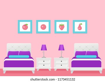 Hotel room. Vector. Bedroom interior with two single beds. Modern home space with furniture in flat design. Cartoon house equipment in apartment. Colorful illustration. Animated background. 