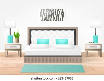 Hotel room. Vector hotel interior with bed and nightstands. Modern bright room. 