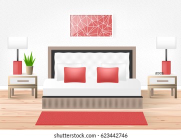 Hotel room. Vector hotel interior with bed and nightstands. Modern bright red room. 