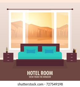 Hotel Room. View from the window. Travelling and trip. Vector flat illustration