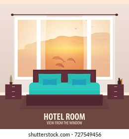 Hotel Room. View from the window. Travelling and trip. Vector flat illustration