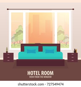 Hotel Room. View from the window. Travelling and trip. Vector flat illustration