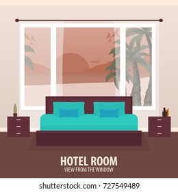 Hotel Room. View from the window. Travelling and trip. Vector flat illustration