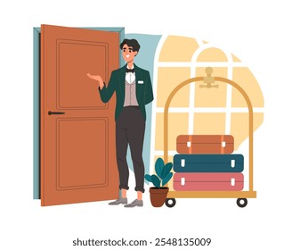 Trabalhador de quarto de hotel. Homem com carrinho de bagagem. Serviço e ocupação de albergue. Manipulador de bagagem no quarto. Viagens e turismo, férias e férias. Ilustração de vetor plano isolada no plano de fundo branco