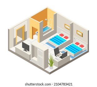 Hotel room with workplace in isometric illustration