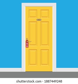 Hotel room yellow closed doors with frame inside. Please do not disturb sign. Vector 