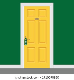 Hotel room yellow closed doors with frame. Please make up room sign. Vector illustration