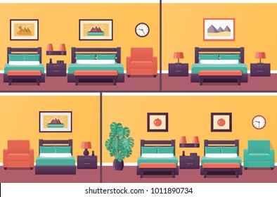 Hotel rooms in flat design. Set bedroom interior with beds. Vector illustration. Home background with furniture and houseplant. 