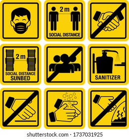 Hotel safety instruction pictogram in Covid 19 Coronavirus pandemi. Hotel sign and symbols yellow background and black vector.