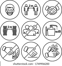 Hotel safety instruction pictogram in Covid 19 Coronavirus pandemi. Hotel sign and symbols vector line icons