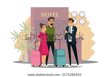 Hotel scene with couple checking in. Man and woman at reception counter with luggage, receptionist giving key from room. Happy holiday vacation vector illustration. People staying at modern hotel.