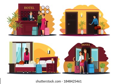 Hotel scenes in city illustration set. People traveling and staying at hotel with luggage. Happy holiday vacation vector. Tourists at reception counter, woman in room, family in hall.