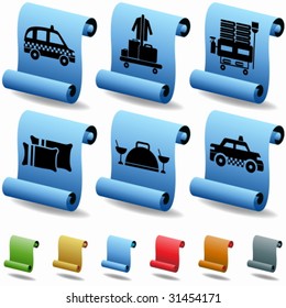 Hotel Scroll Service Icon Set : Collection of hotel and spa resort themed objects in a simplified style.