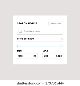 hotel search component, modern navigation form user interface vector illustration 