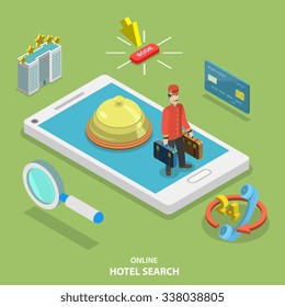 Hotel Search Online Flat Isometric Vector Concept. Online Ticket Reservation. Room Booking Service.