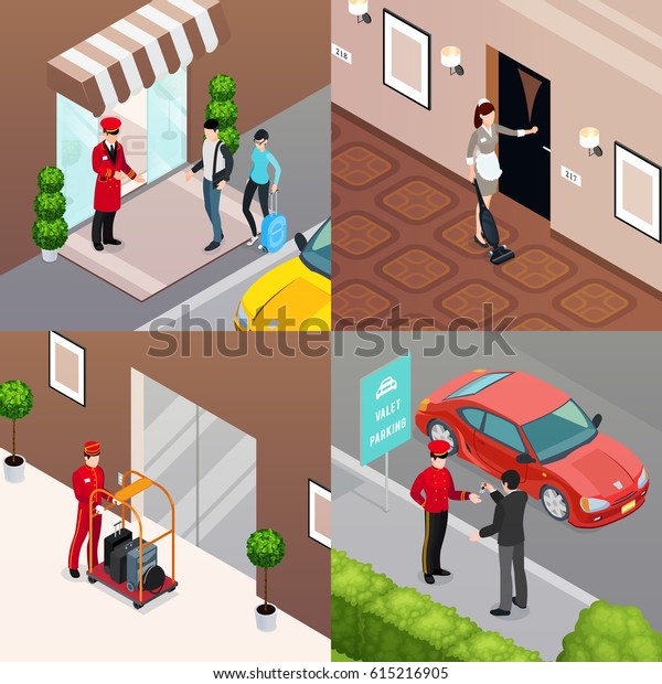 Hotel service 2x2 design concept set of\
doorman meeting visitors room cleaner valet parking isometric \
compositions vector\
illustration