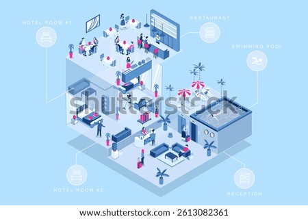 Hotel service 3d isometric concept for web design. People in isometry rooms registering at reception, check into apartments, eating at restaurant, relaxing at swimming pool area. Vector illustration.