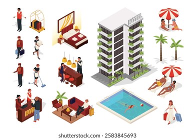 Hotel service 3d isometric mega set in flat design. Collection isometry elements of building, apartment rooms, bedroom, reception desk, pool, administrator, maid, client, other. Vector illustration.