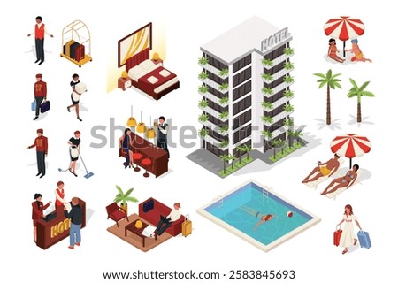Hotel service 3d isometric mega set in flat design. Collection isometry elements of building, apartment rooms, bedroom, reception desk, pool, administrator, maid, client, other. Vector illustration.