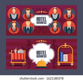 Hotel service banner, vector illustration. Comfortable accommodation, professional customer service. Flat style icons, symbols of luxury hotel. Brochure cover, newsletter header, advertisement flyer