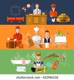 Hotel service banners hotel staff reception reservation morning call cleaning vector illustration 