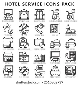 Hotel service black outline icons pack, contain room service, parking, restaurant, gym, laundry and more. use for modern concept UI and UX kit, app and web development. Vector EPS 10.