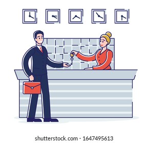 Hotel Service Concept. Businessman is Staying in the Hotel. Receptionist Woman Gives The Keys From Apartments To The Guest. Cartoon Outline Linear Flat Vector illustration.