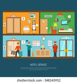 Hotel service concept with room cleaning and reception flat vector illustration