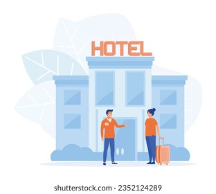 El concepto de servicio de hotel. Huésped de bienvenida sonriente, vector plano ilustración moderna 