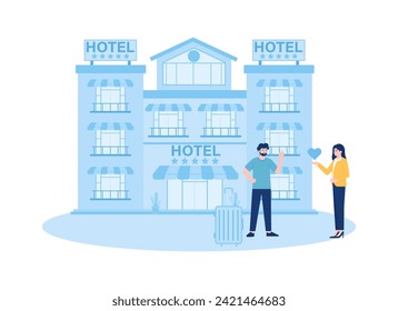 hotel service concept of smiling doormen welcoming guests trending concept flat illustration