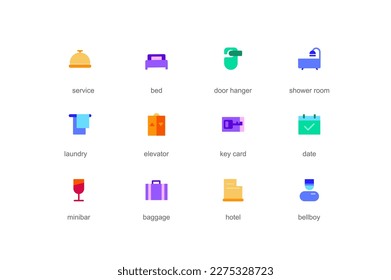 Concepto de servicio de hotel de iconos web establecidos en diseño plano de color. Paquete de cama, percha de puerta, cuarto de ducha, lavandería, ascensor, tarjeta de llave, fecha, minibar, equipaje y otros. Pictogramas vectoriales para aplicación móvil