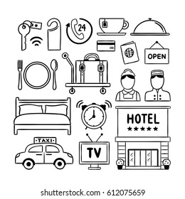 Hotel service doodle icons. Hand drawn hotel illustrations vector symbols