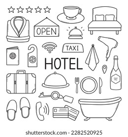 Hotel service doodle set. Suitcase, passport, bathrobe, dryer, bed in sketch style. Hand drawn vector illustration isolated on white background