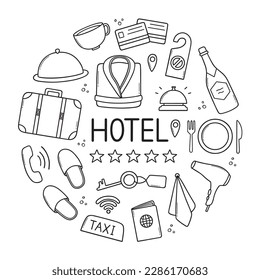 Hotel service doodle set. Suitcase, passport, bathrobe, dryer in sketch style. Hand drawn vector illustration isolated on white background