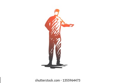 Hotel, service, doorman, uniform, janitor concept. Hand drawn doorman waiting for hotel guests concept sketch. Isolated vector illustration.