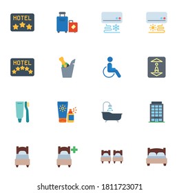 Hotel service elements collection, flat icons set, Colorful symbols pack contains - five stars hotel rate, baggage, lift, shower air conditioner . Vector illustration. Flat style design