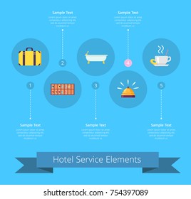 Hotel service elements with icons of baggage, keys board, white bath, served food and cup of hot coffee with text vector illustration