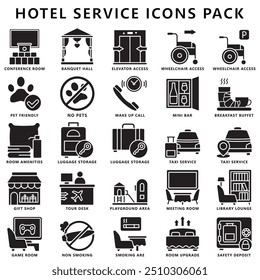 Hotel service glyph icons pack, contain room service, parking, restaurant, pet friendly, laundry and more. use for modern concept UI and UX kit, app and web development. Vector EPS 10.