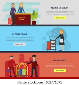Hotel service horizontal banners with receptionist cleaning staff and porters in flat style vector illustration