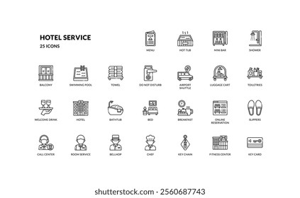 Hotel service hospitality accommodation for travel vacation detailed outline line icon set