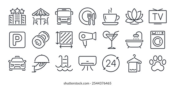 El servicio del hotel y la hospitalidad editable trazan los iconos fijados aislados en la Ilustración vectorial plana del fondo blanco. Píxel perfecto. 64 x 64.