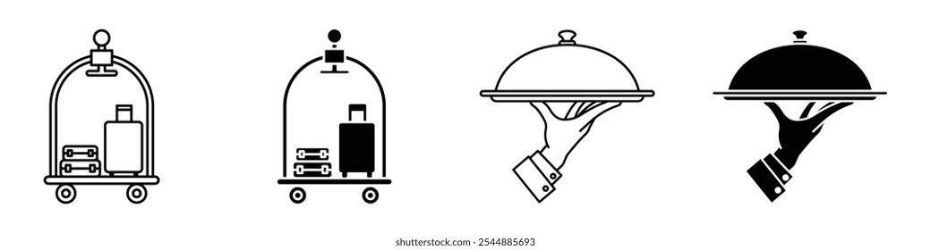 Hotel service icon collection in black and white filled and solid vector style.