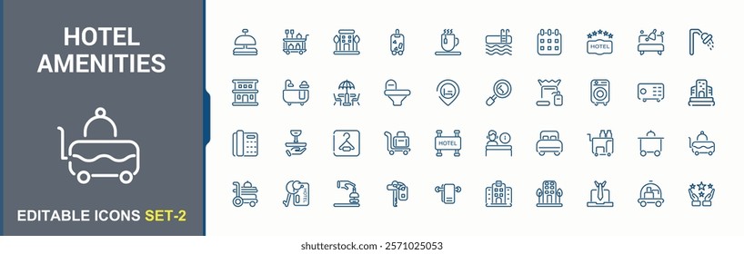 Hotel Service icon collection. Featuring breakfast, transfer, key, wifi, air, elevator. Outline symbol collection. Vector illustration in modern line style.