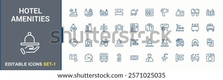 Hotel Service icon collection. Featuring breakfast, transfer, key, wifi, air, elevator. Outline symbol collection. Vector illustration in modern line style.