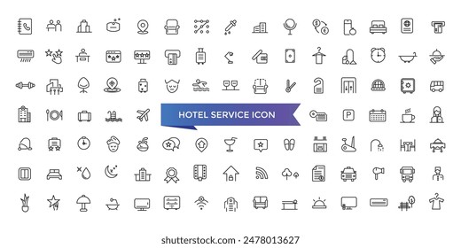 Hotel Service-Symbol Kollektion. Hospitality-Symbol, Zimmer, Service, Buchung, Einrichtungen und mehr. Liniensymbole Vektorgrafik Kollektion.