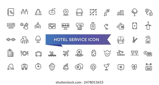 Hotel Service-Symbol Kollektion. Hospitality-Symbol, Zimmer, Service, Buchung, Einrichtungen und mehr. Liniensymbole Vektorgrafik Kollektion.